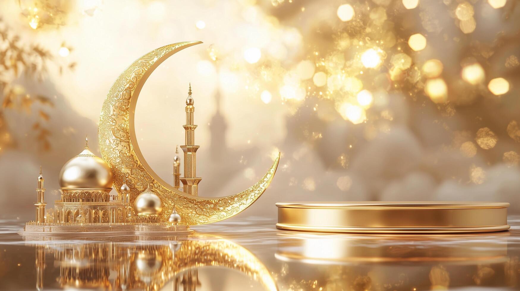 Stunning 3D Ramadan backdrop highlighting an ornate golden crescent moon, a grand golden mosque, polished reflective textures, and an exclusive podium ideal for festive designs photo