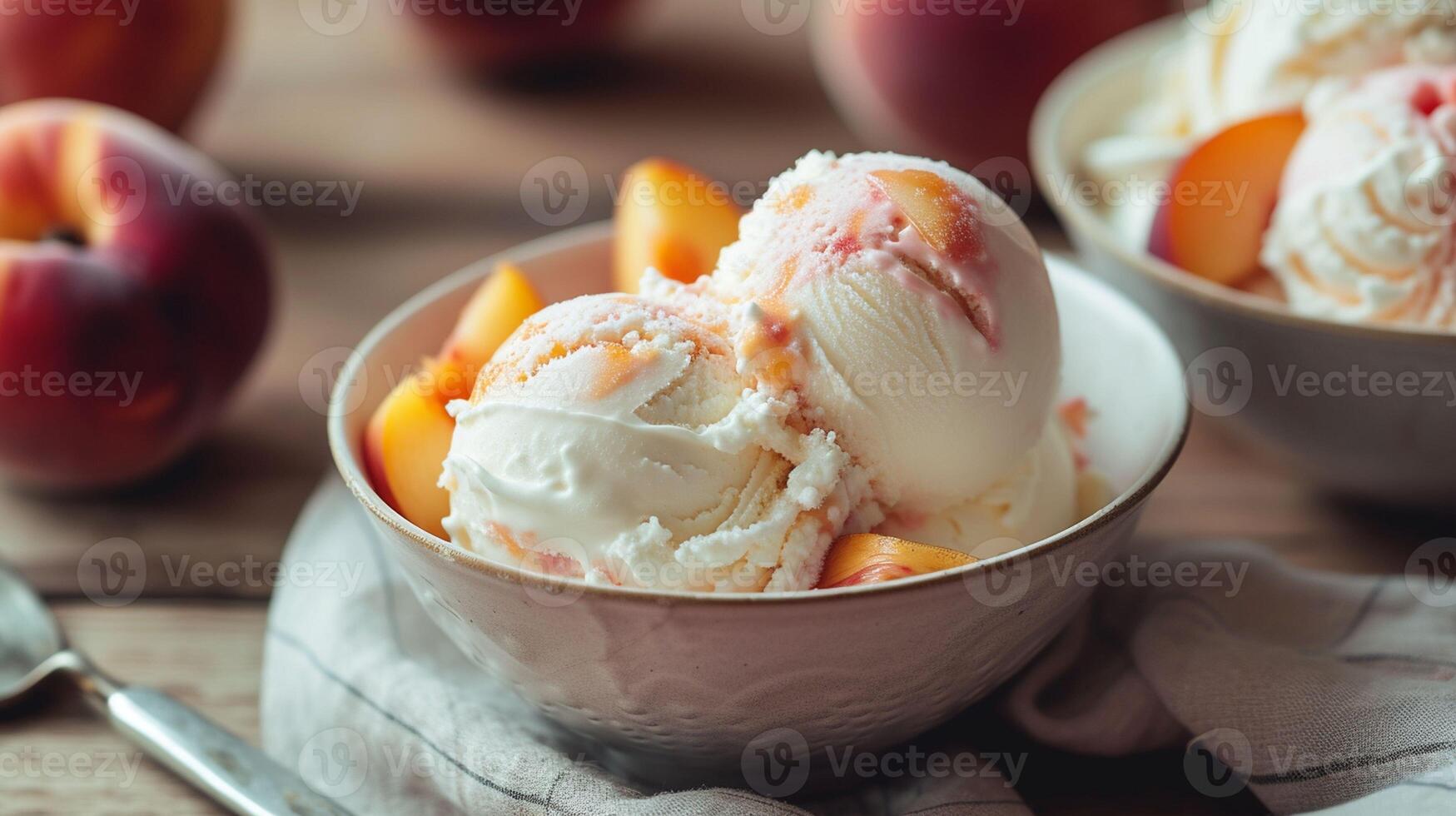 Delicious vanilla ice cream with fresh peach slices in a bowl. photo
