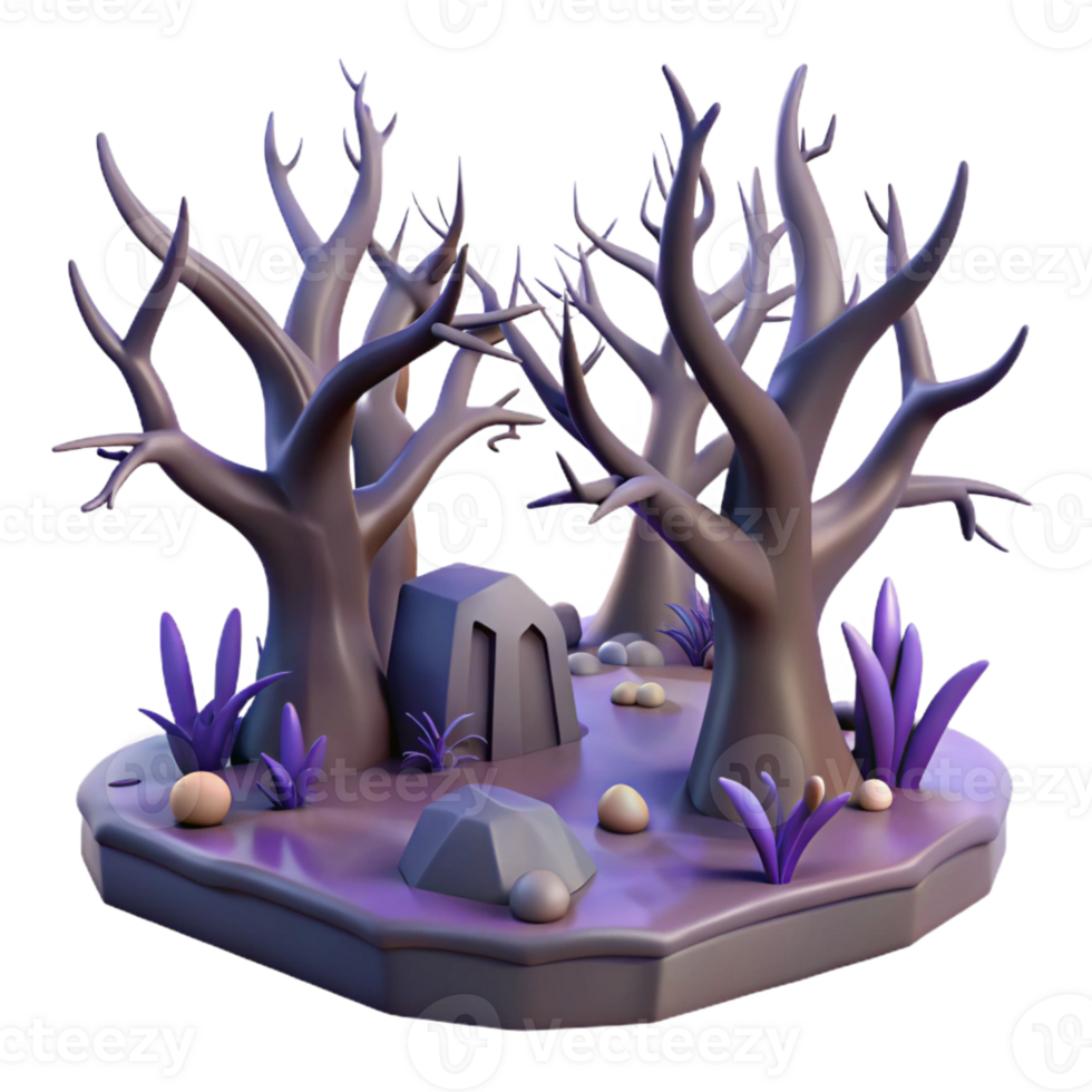 3D Spooky Trees with Haunted Graveyard for Halloween png