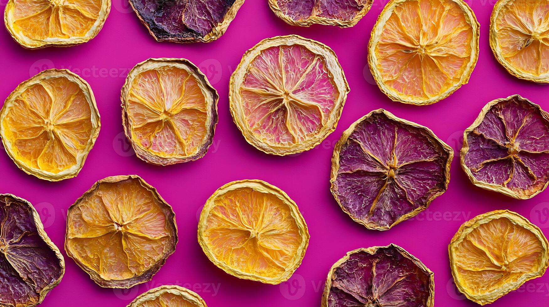 Dehydrated Citrus Fruit Slices Arranged on Pink Background photo