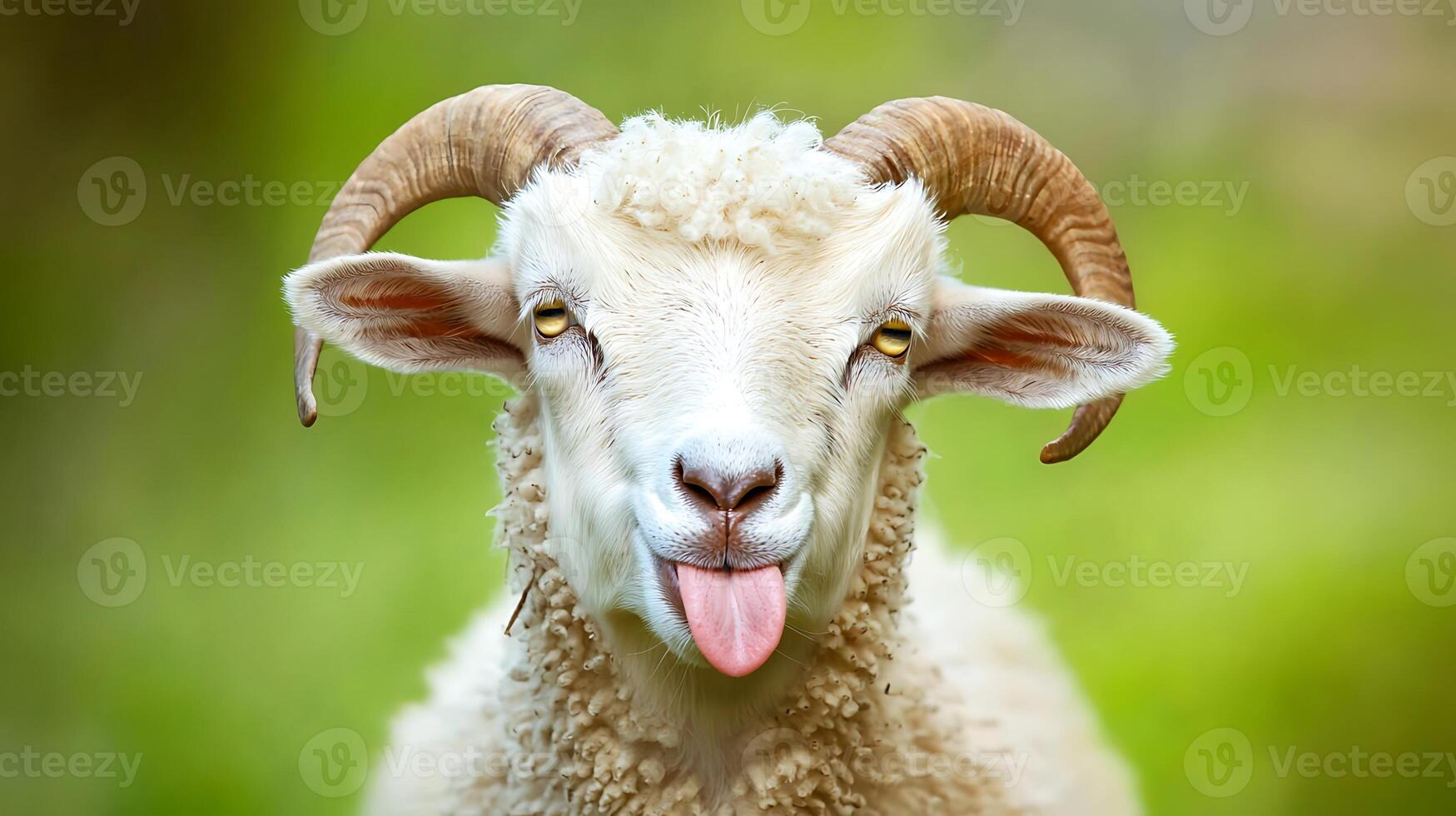 A White Sheep With Horns Sticking Out Its Tongue photo