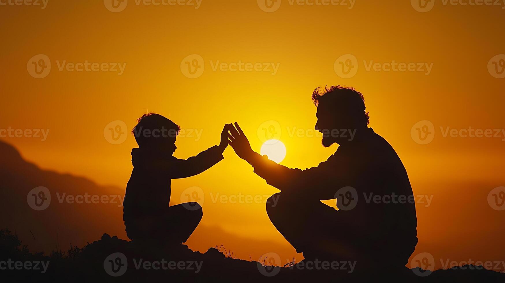 Father and Son Silhouette at Sunset Sharing a Moment photo