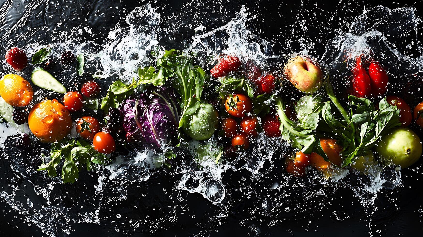 Fresh Produce Splashing in Water A Vibrant Display photo