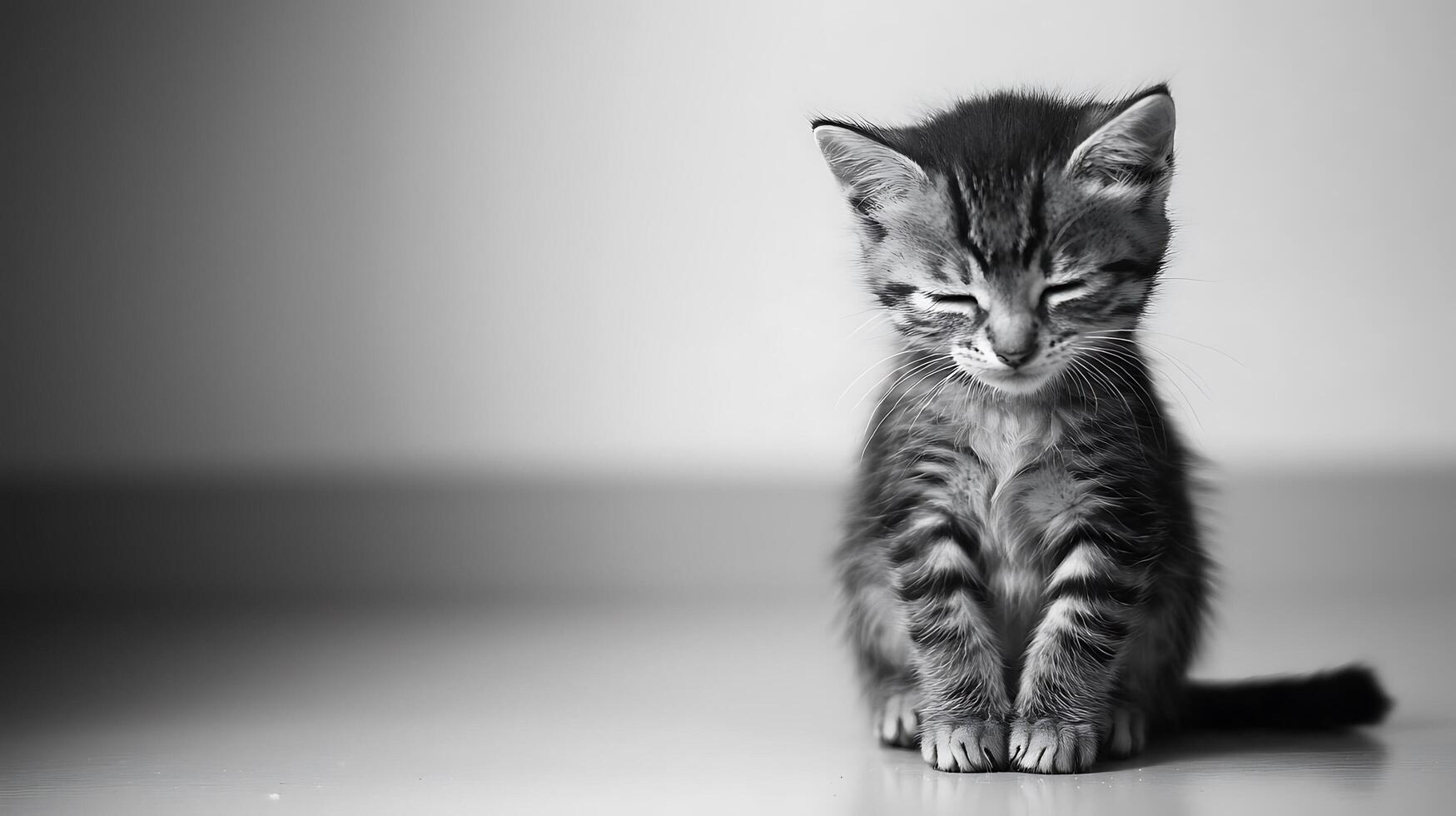 Adorable Kitten Sitting Serenely Eyes Closed photo