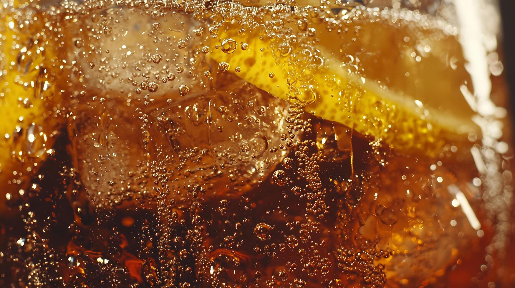 Closeup Of Carbonated Drink With Ice And Lemon photo