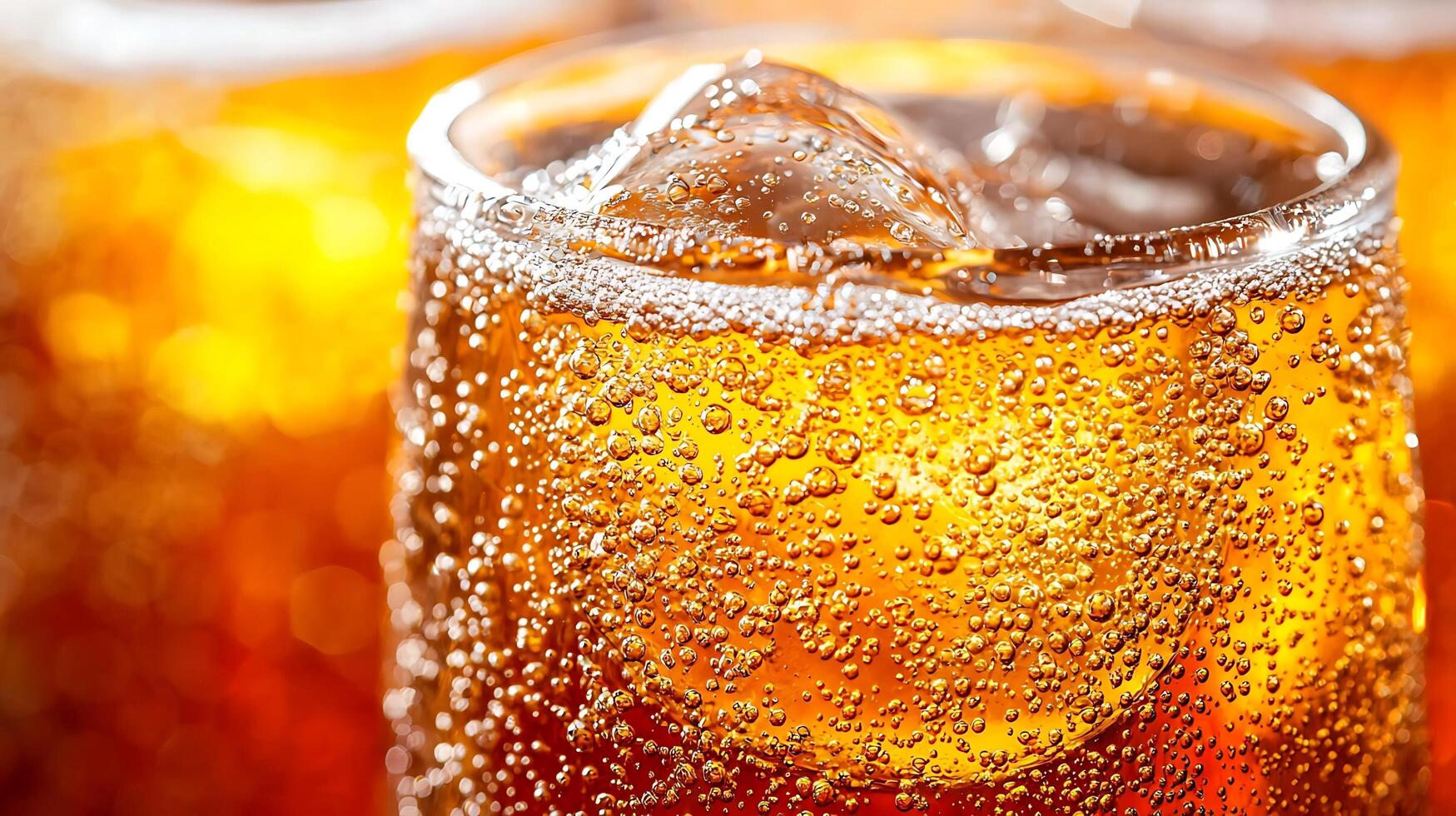 Closeup of a Glass of Fizzy Brown Beverage with Ice photo