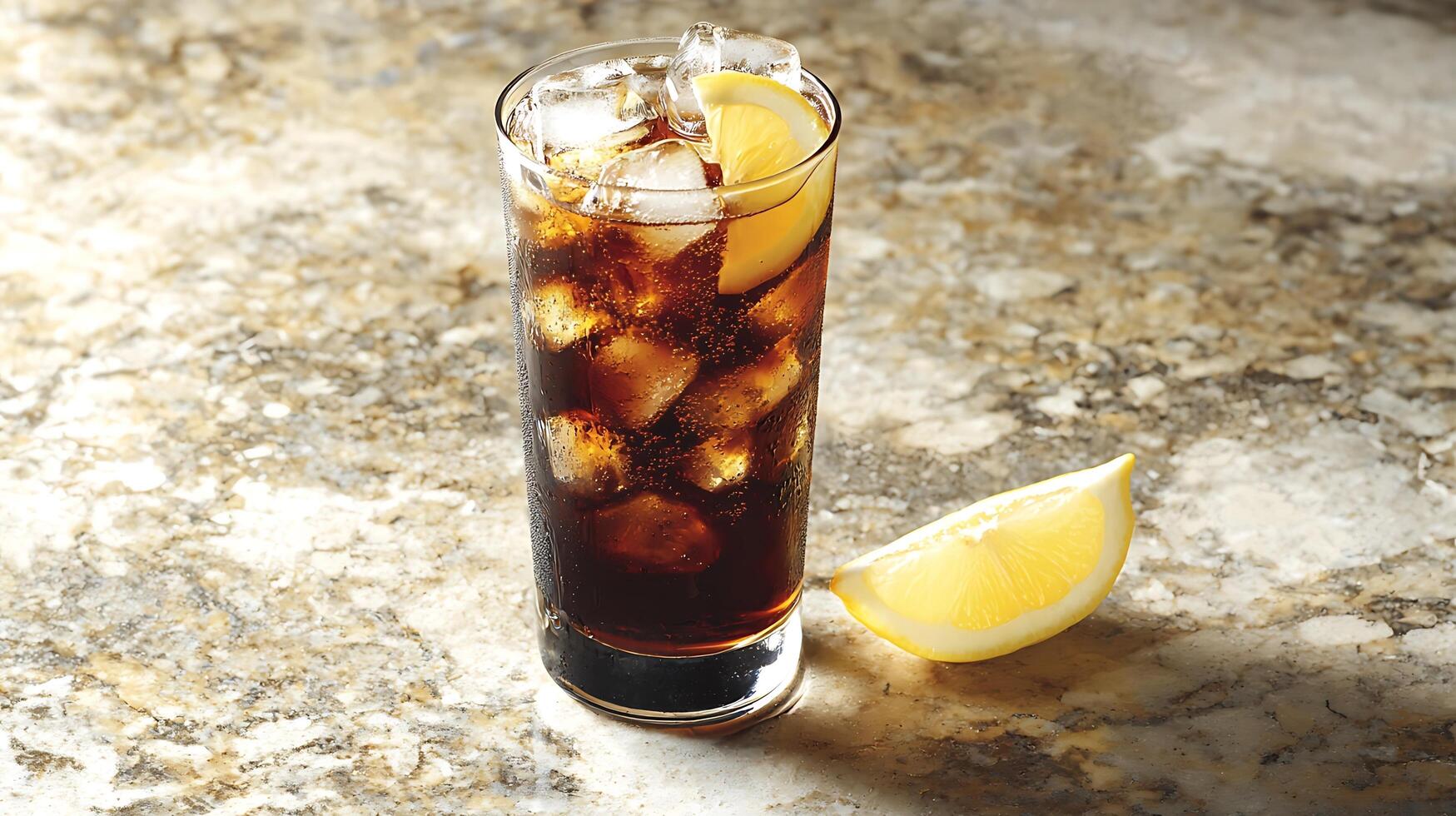Refreshing Iced Cola Drink with Lemon Garnish photo