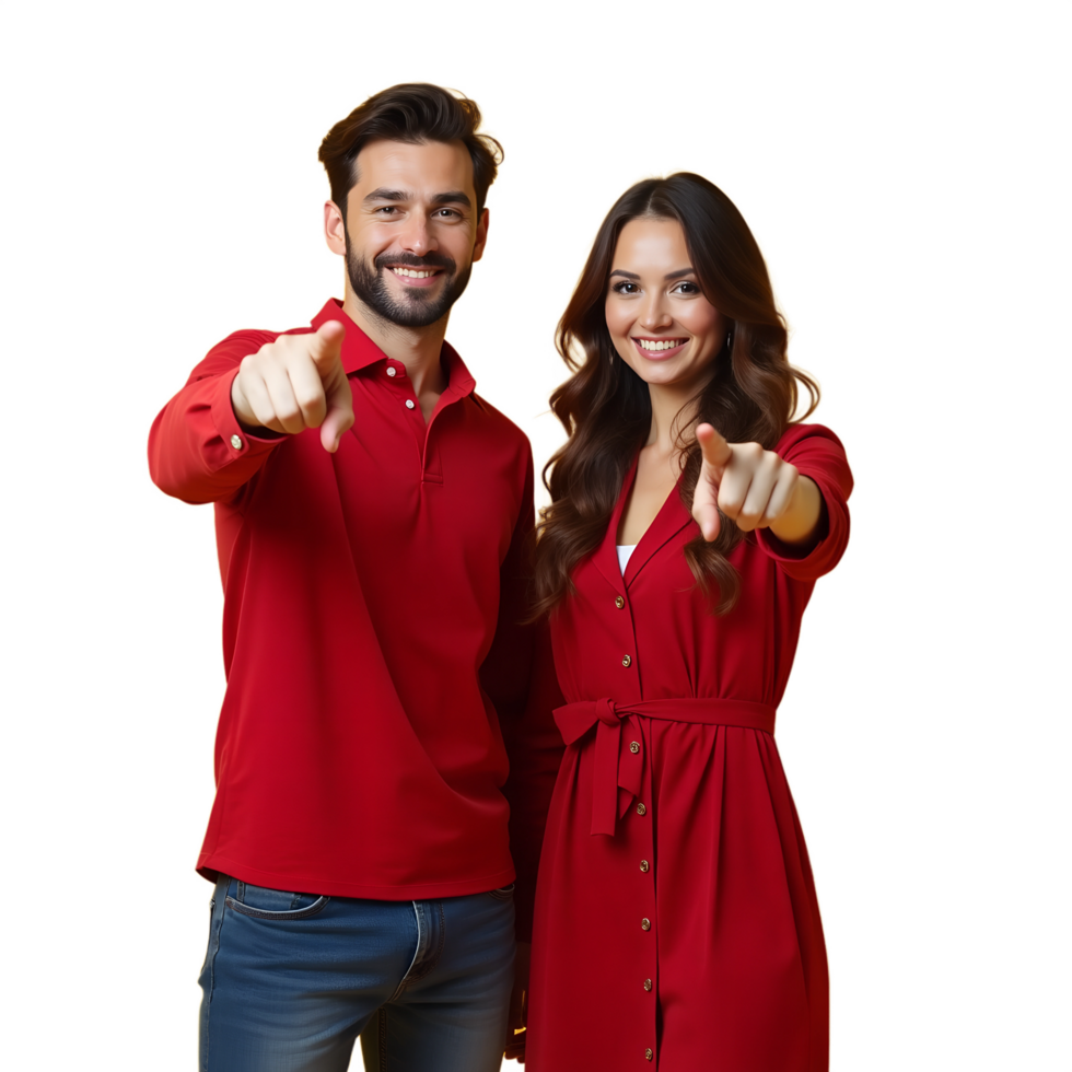A man and woman in red shirts pointing at the camera png
