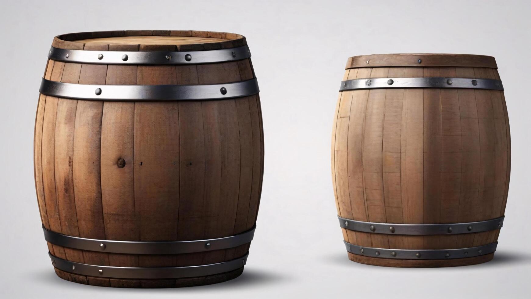 Two wooden barrels, one in front and one behind, on a white background. photo