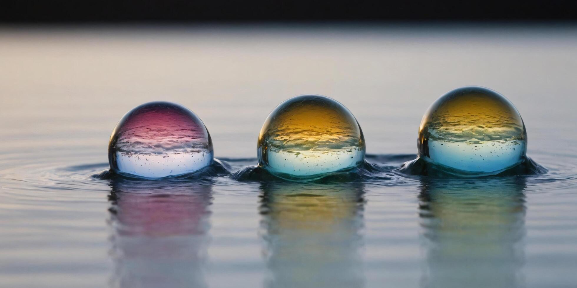 Three colorful glass orbs float on calm water at sunset, reflecting the sky. photo