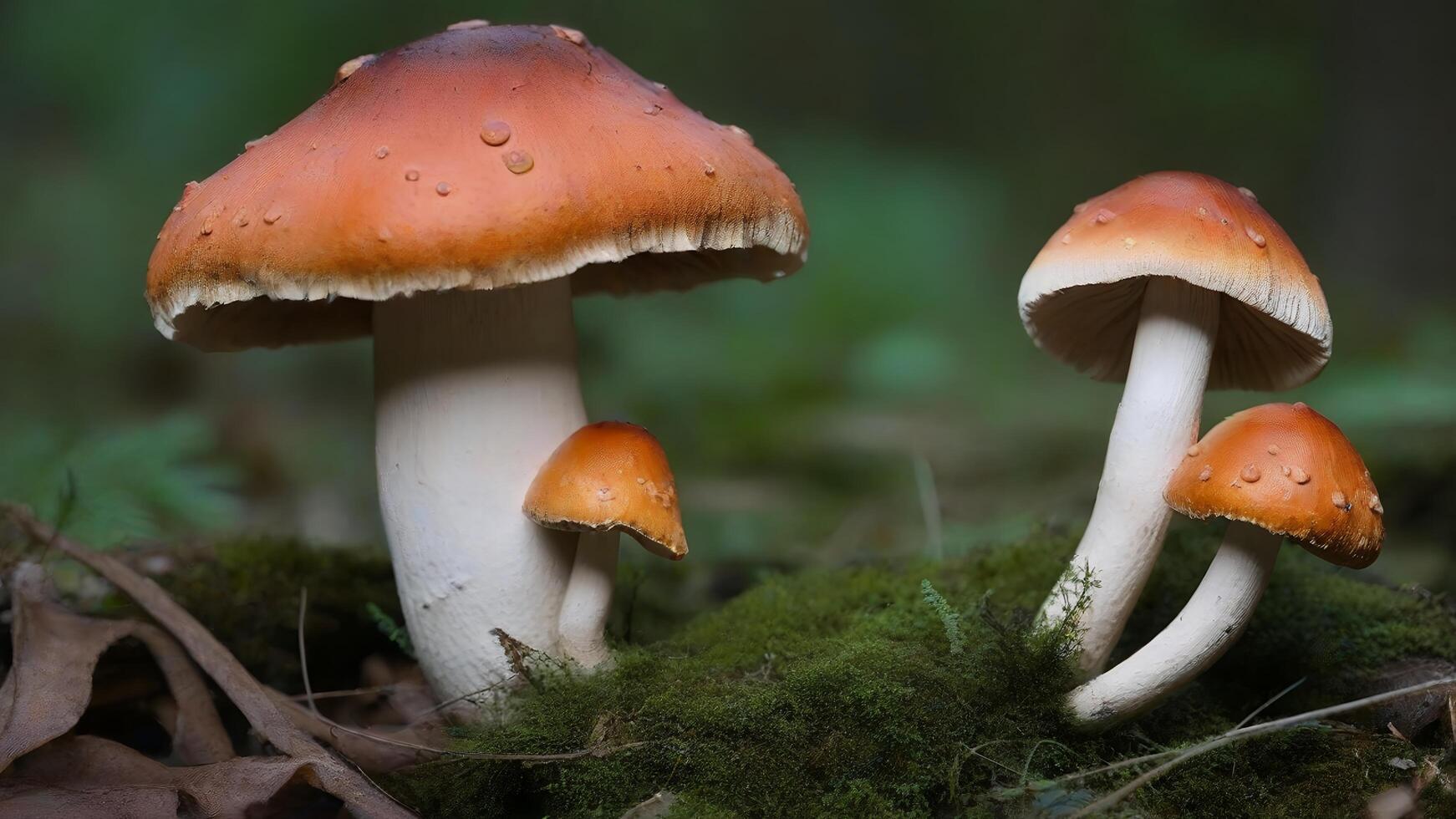 Three mushrooms, two large and two small, growing in moss and leaves. photo