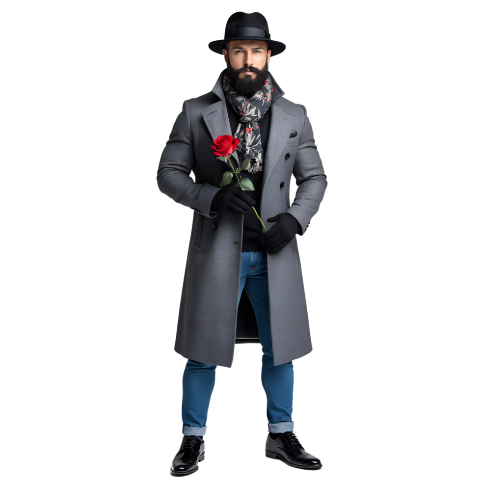 A man in a coat and hat holding a rose png