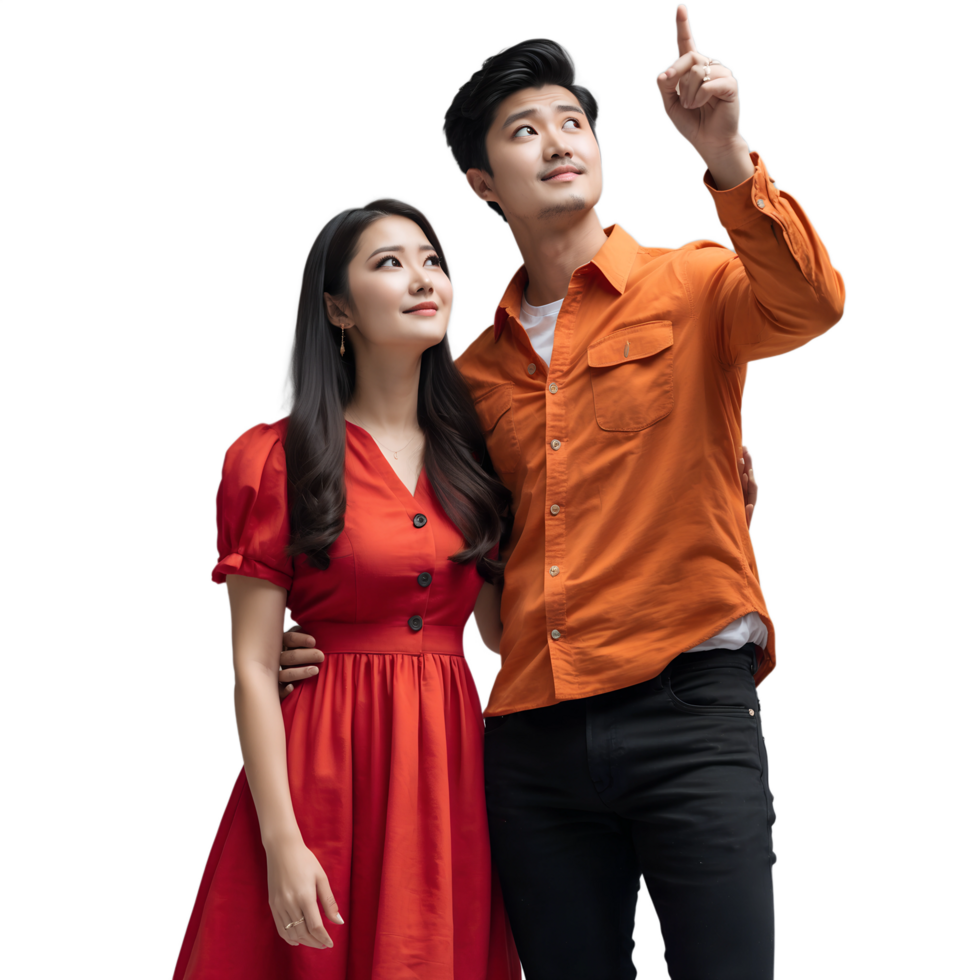 A man and woman in an orange dress pointing at something png