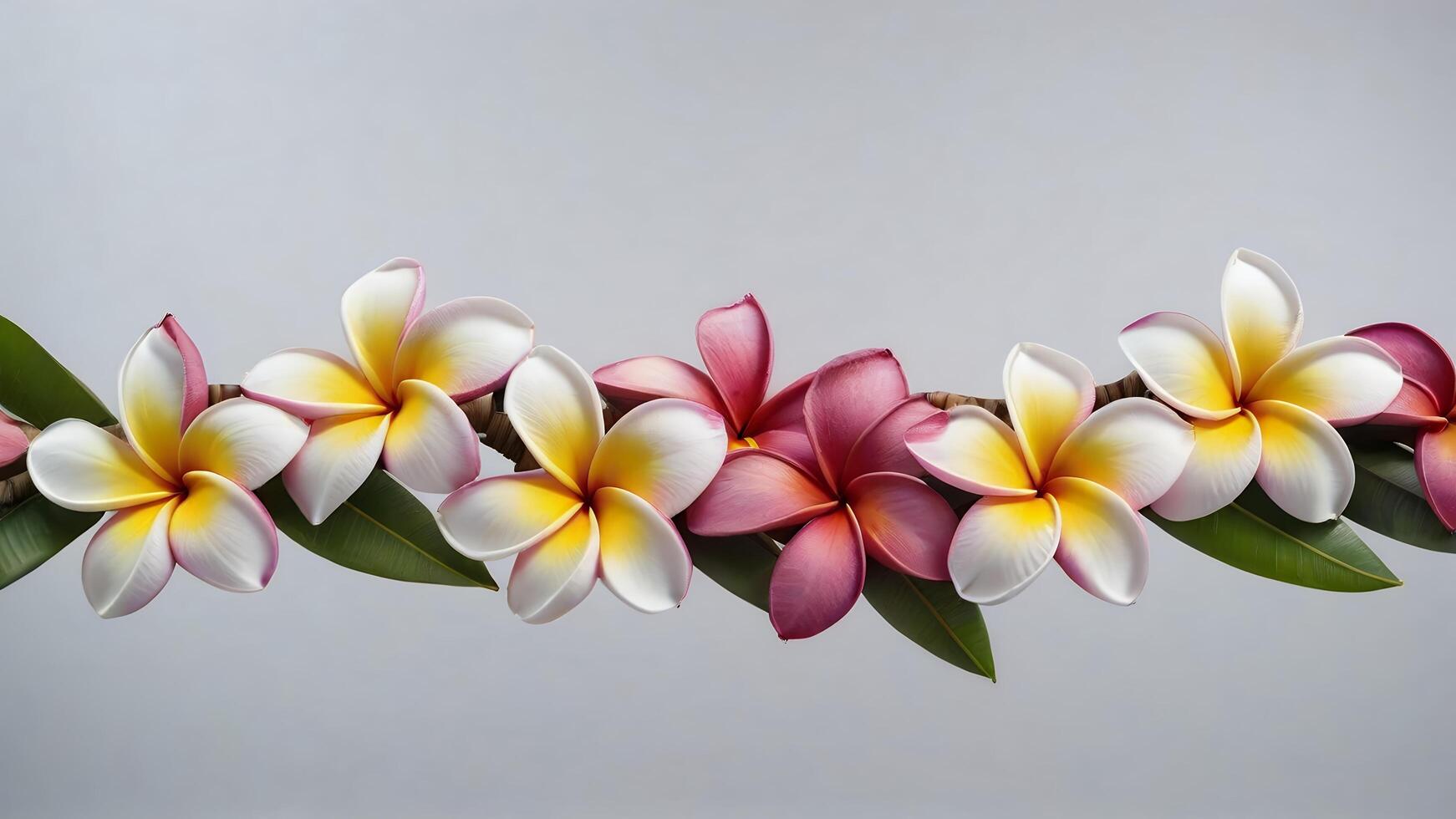 White and pink plumeria flowers arranged on a branch with leaves against a gray background. photo