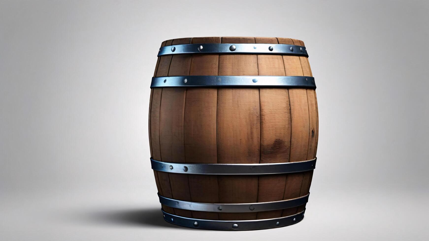 Wooden barrel with metal bands on light background. photo