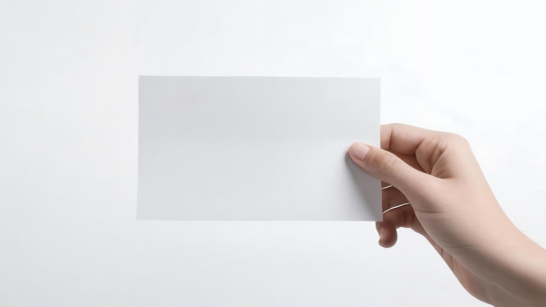 Woman's hand holding blank white card. photo