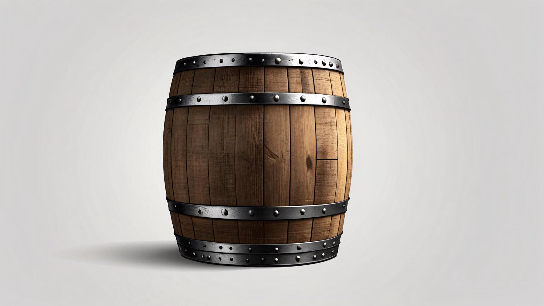 Wooden barrel with metal bands on white background. photo