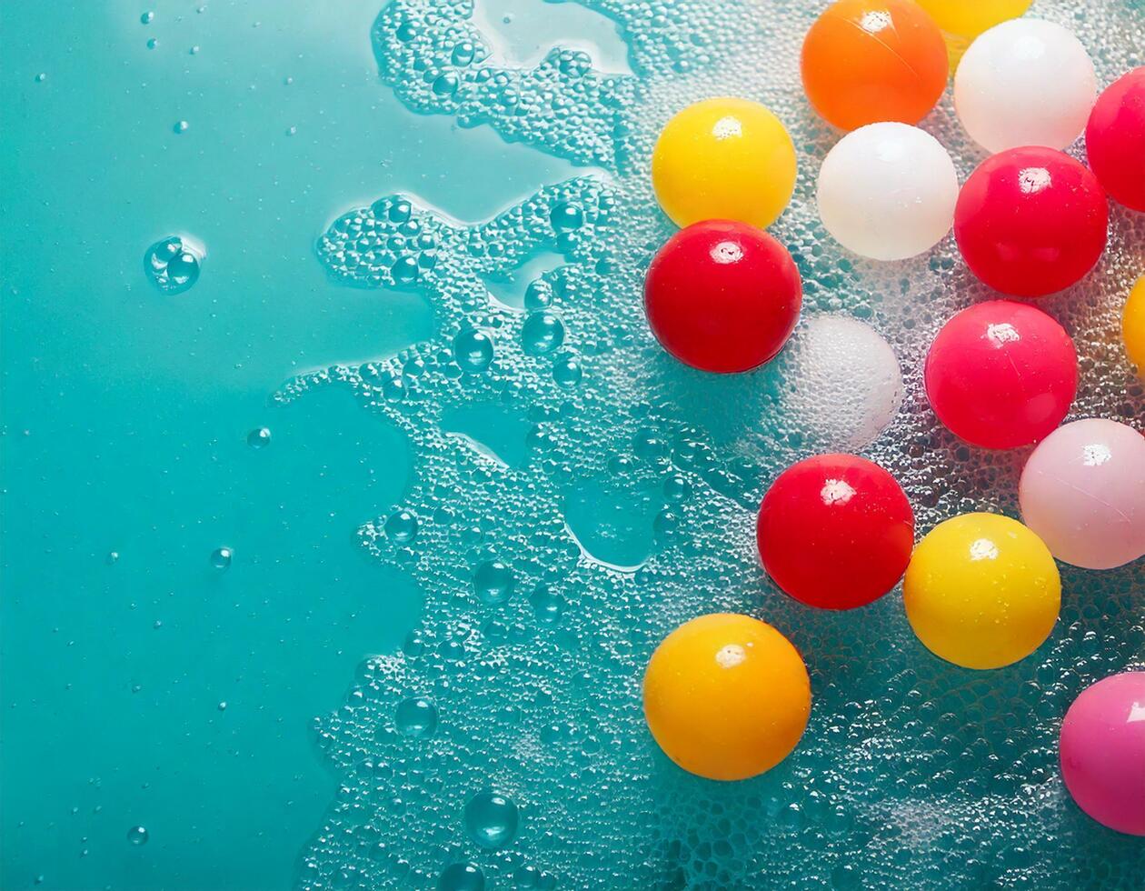 red, yellow, pink, white ball pit balls floating on bubbly water in a light blue pool, viewe photo