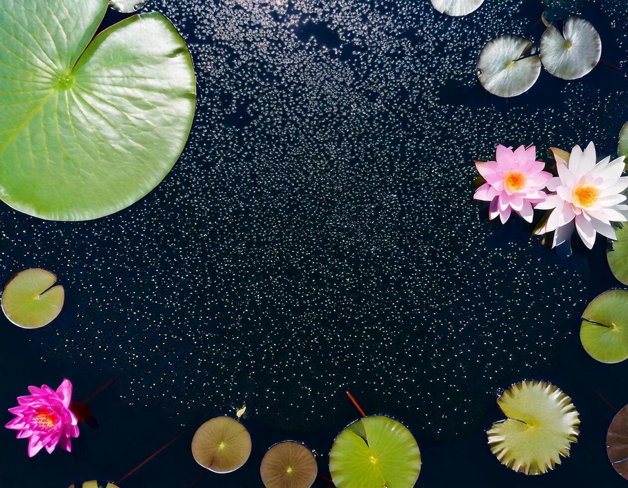 lotus flowers floating in a sSparkling pond with soft colors and desaturated color photo
