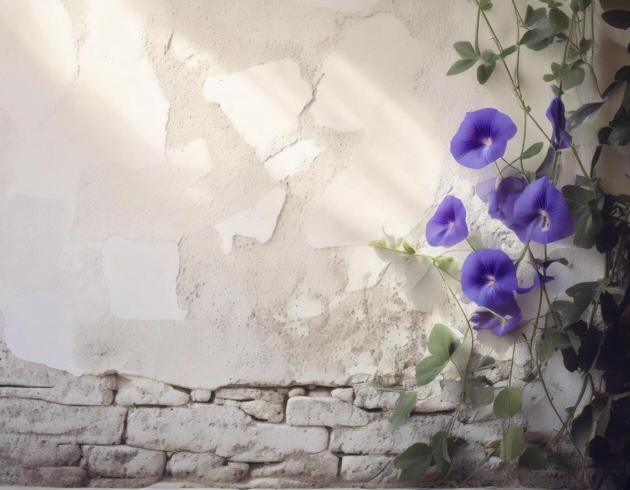 pea flowers climbing along a white stone wall, with a clear space on the left side photo