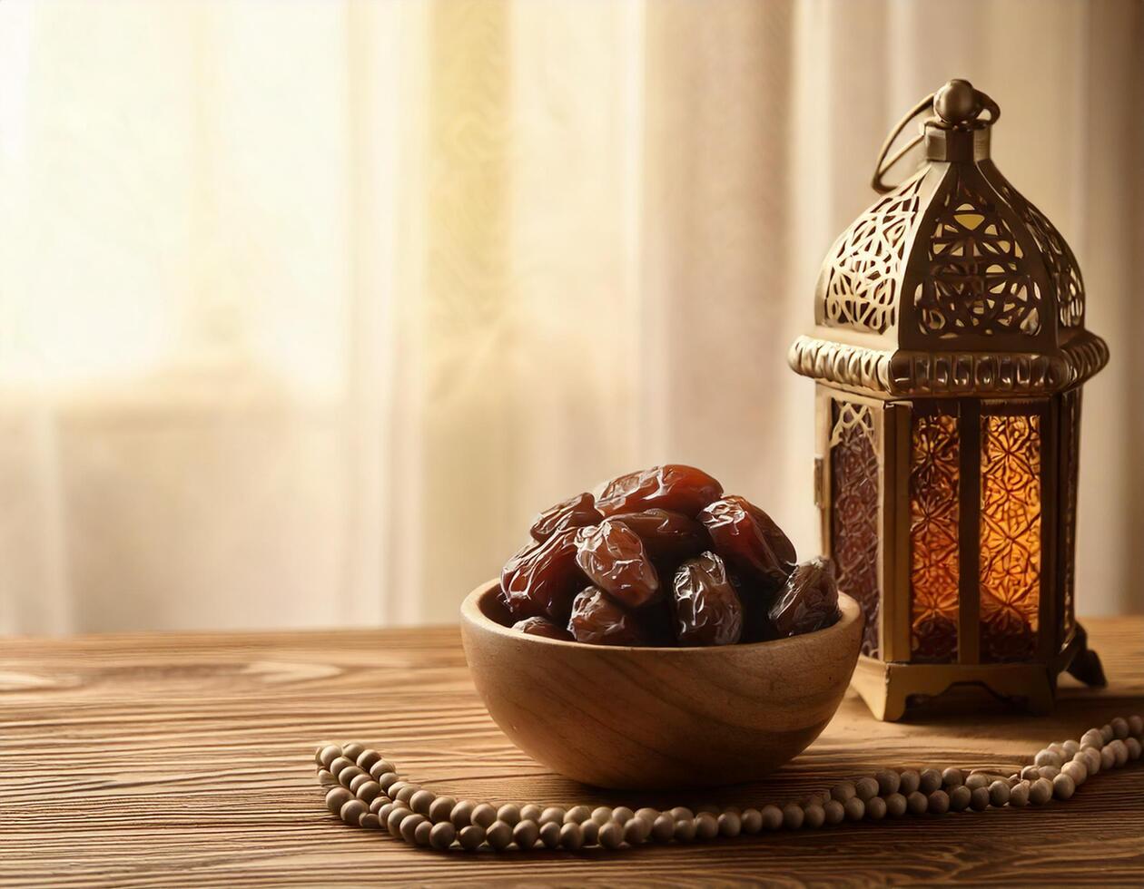 Dates in a wooden bowl next to lanterns and prayer beads photo
