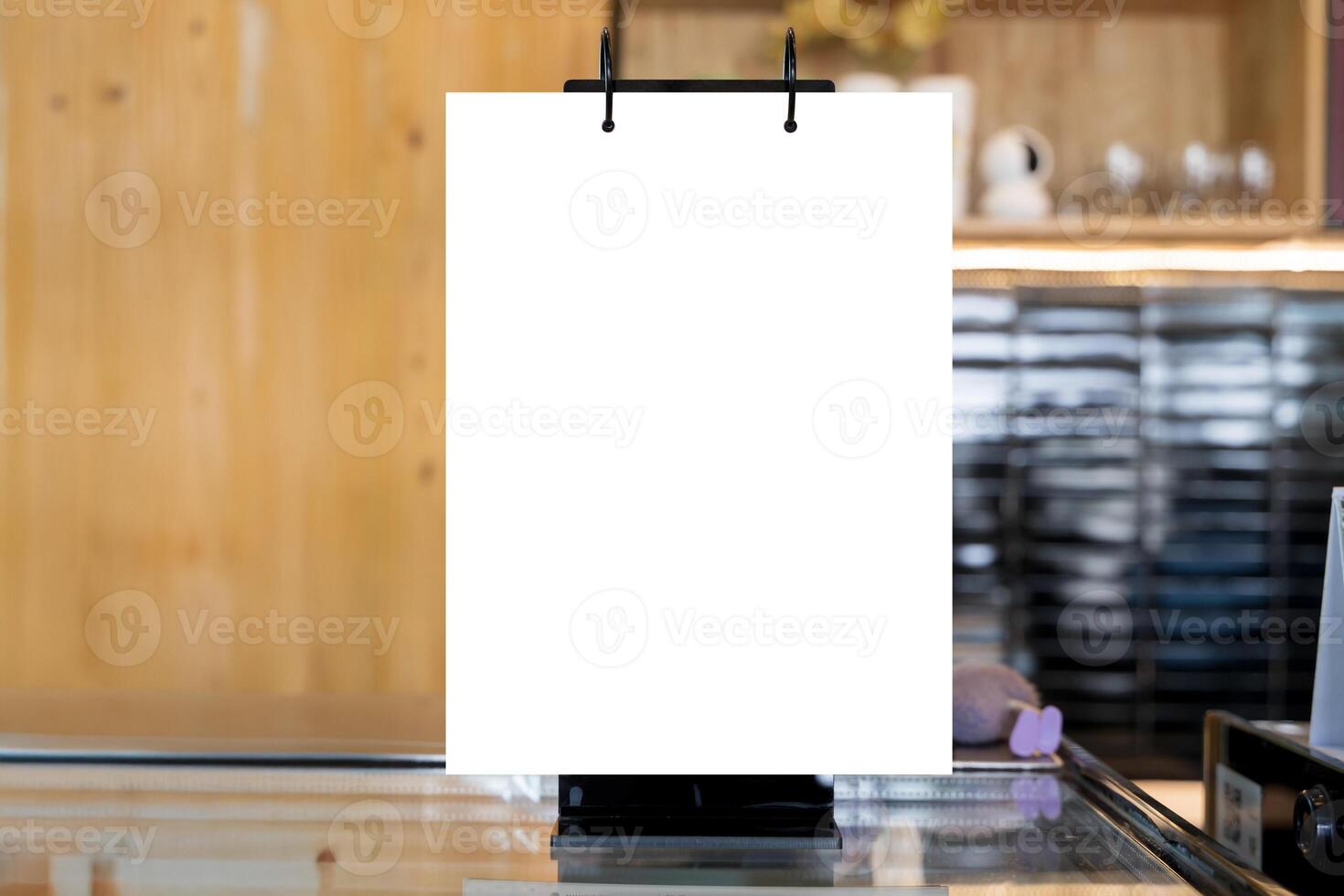 modern coffee bar with a blank signboard behind the counter and items photo