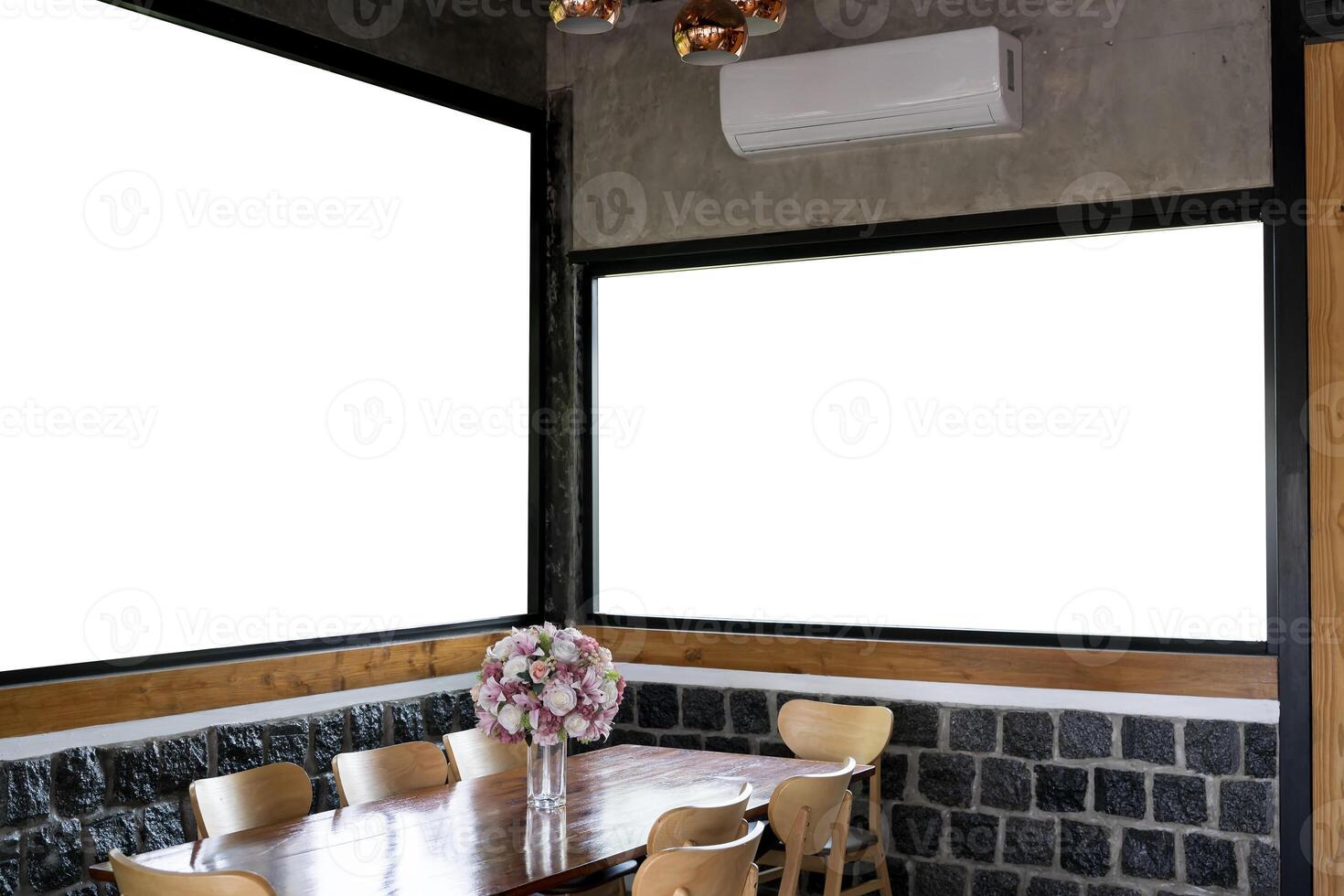 Modern cafeteria, empty cafe. Blank poster billboard template. Blank Sign Label and Placard attached to the window glass. photo