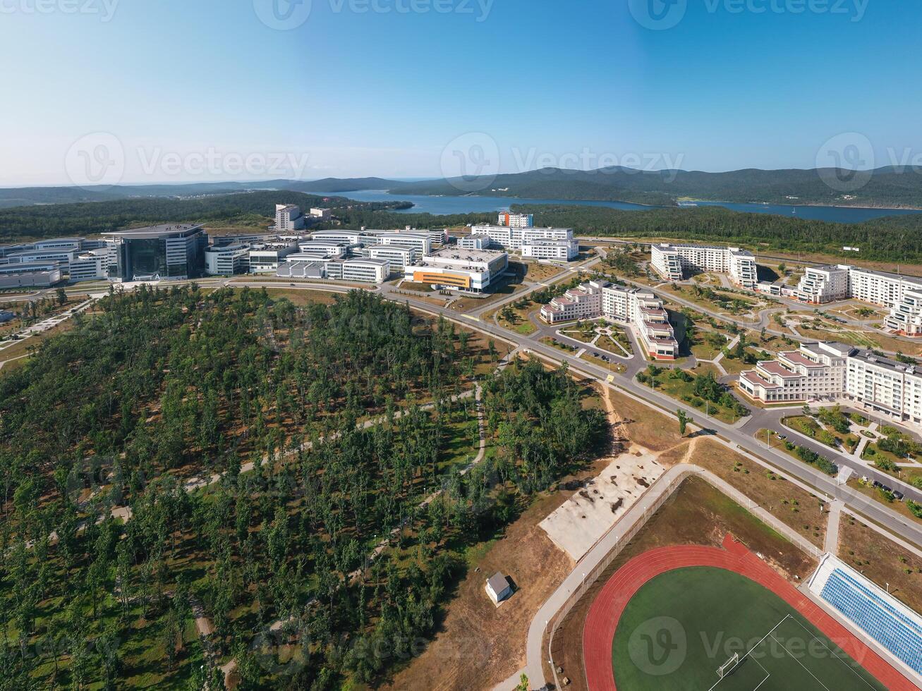 View from a drone on the modern campus of the university photo