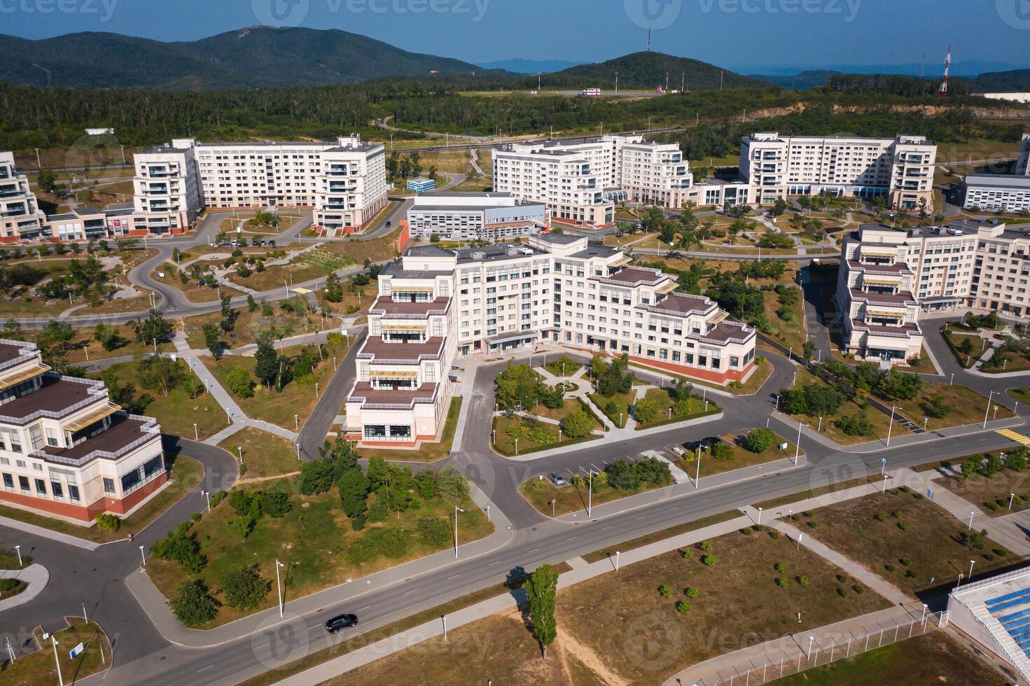View from a drone on the modern campus of the university photo
