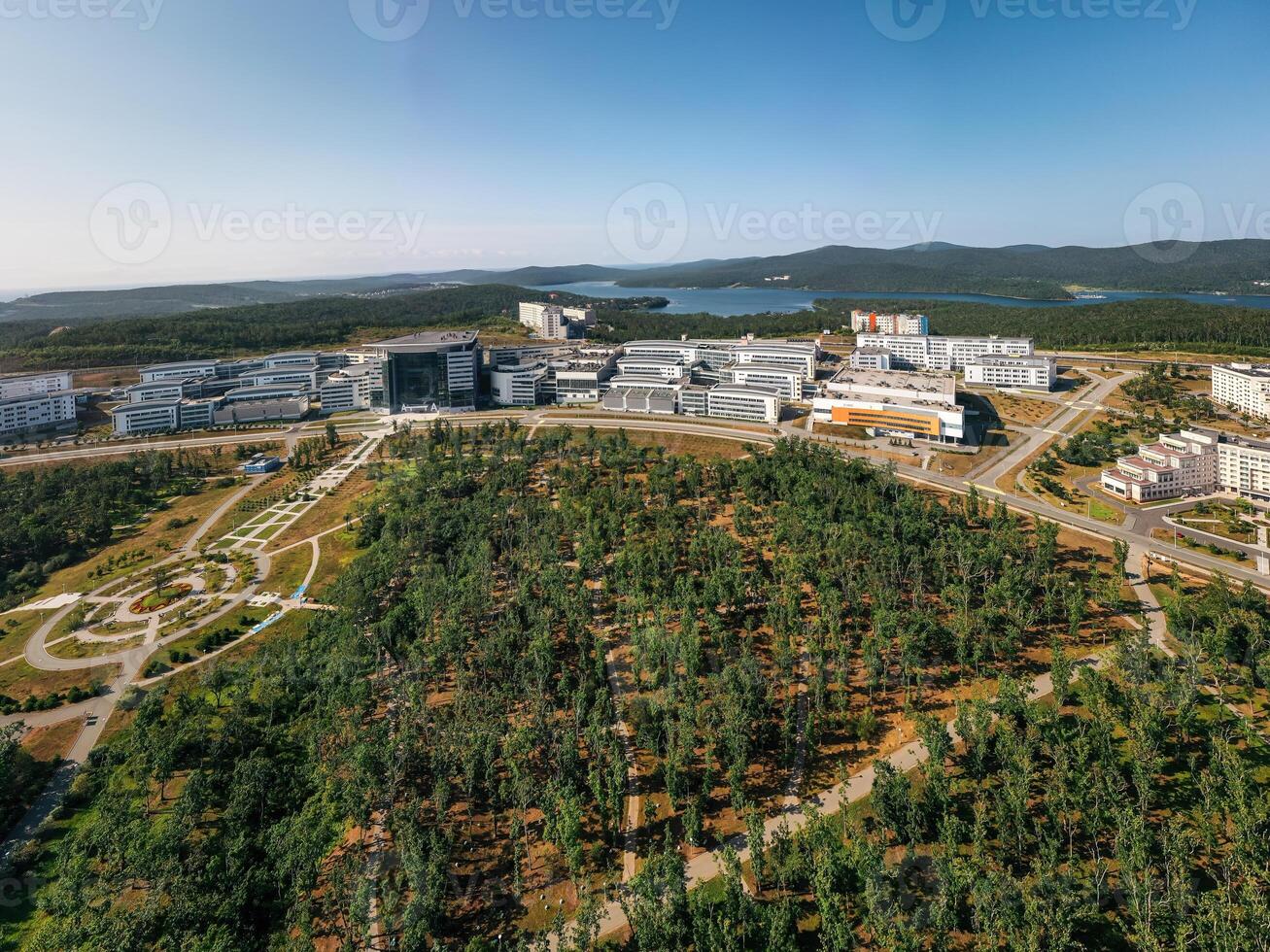 View from a drone on the modern campus of the university photo