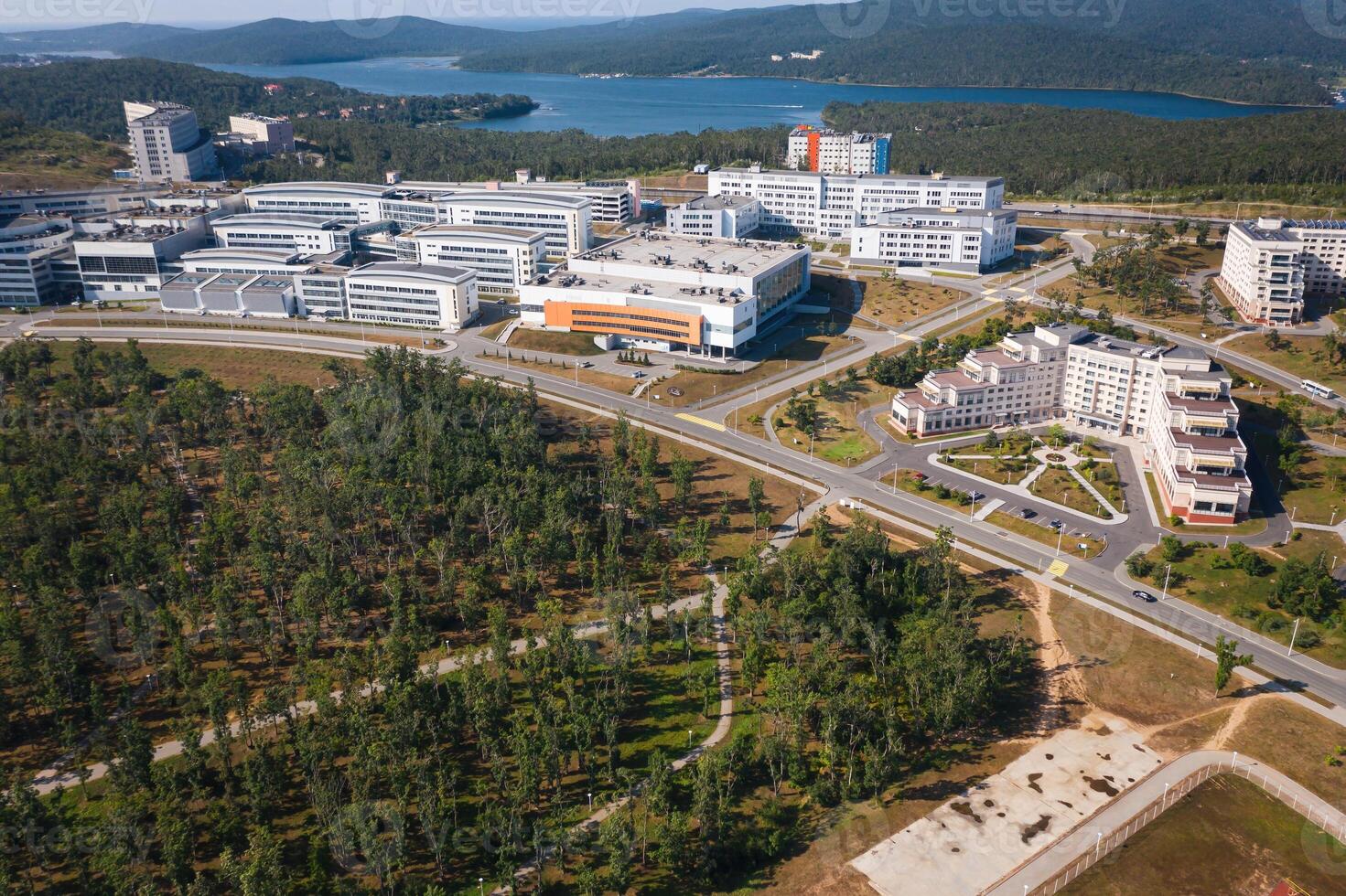 View from a drone on the modern campus of the university photo