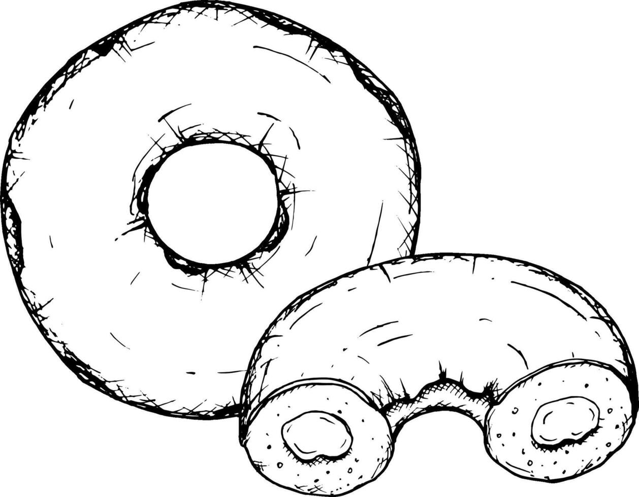 A simple black and white illustration of a classic donut in a hand-drawn style. Perfect for bakery branding, pastry shop branding, dessert menus, snack packaging, culinary or holiday projects vector