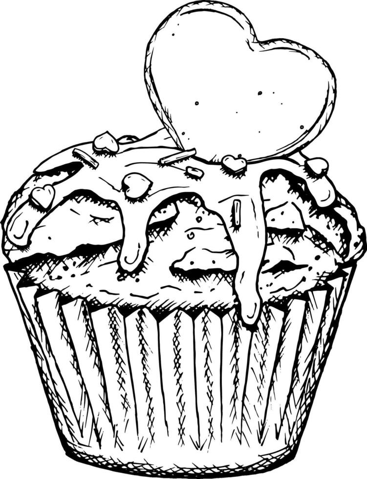 illustration of cupcake with dripping icing, caramel heart and small candy decorations. Perfect for Valentine s Day design, birthday baking, wedding theme, bakery decoration, pastry shop vector