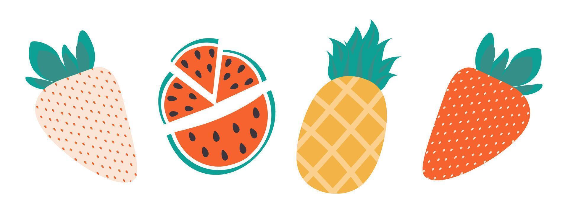 White and Red Strawberry, watermelon slices and pineapple. Summer seasonal fruits design element Set. Isolated illustration Thematic cards or web promo banner, leaflet, price tag, label, poster vector