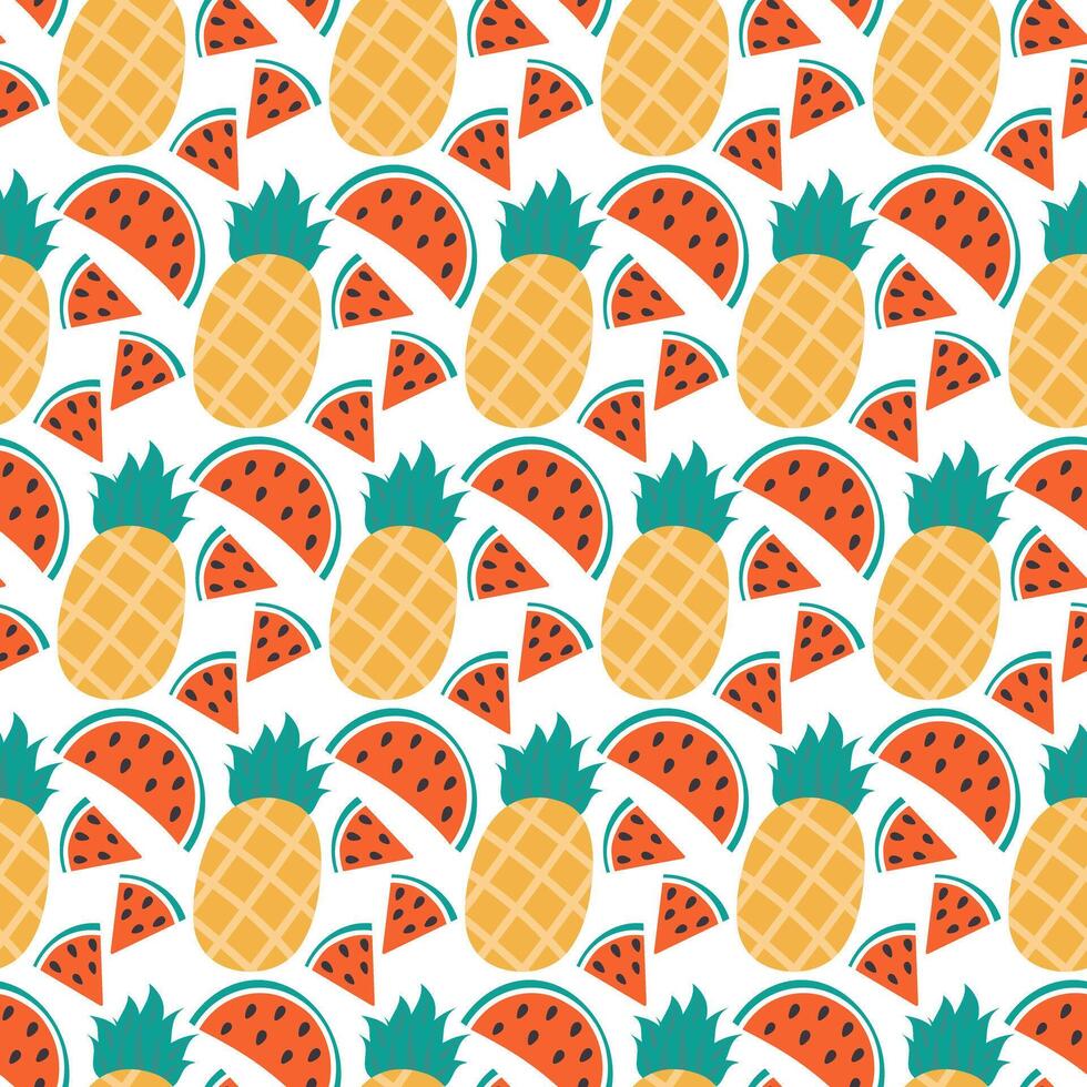 Watermelon slices with seeds and Whole Pineapple Seamless Pattern on transparent background concept. Isolated illustration Thematic cards or web promo banner, leaflets, print materials or tags vector