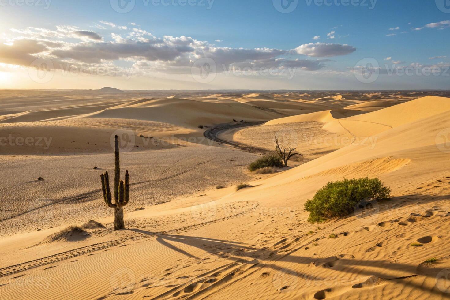the sun is shining on a desert landscape with a cactus tree photo
