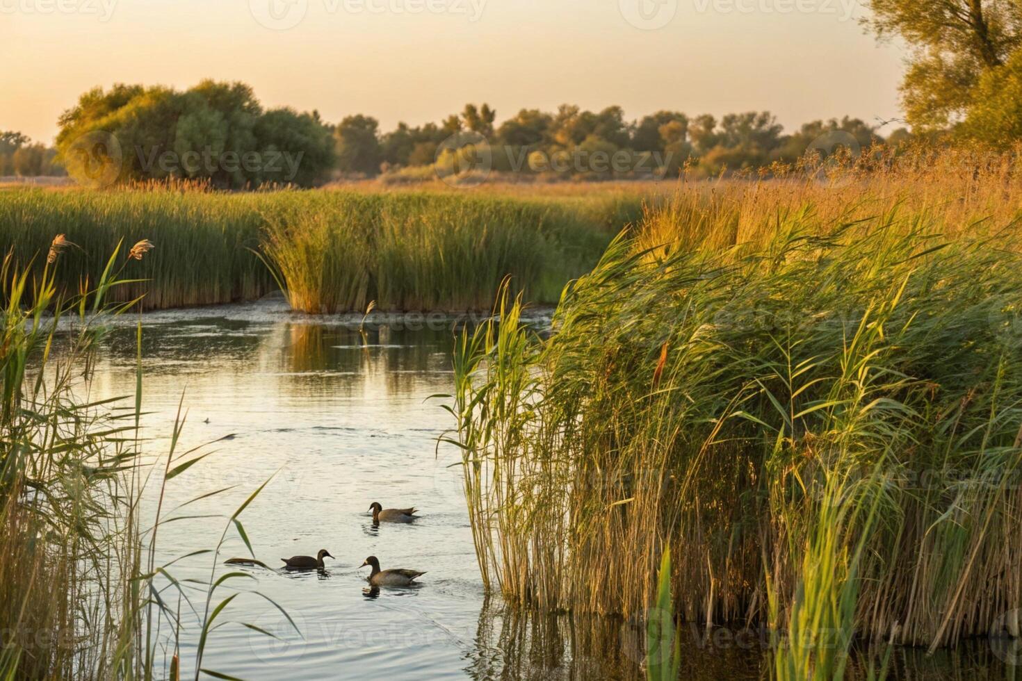 a pond with ducks and reeds at sunset photo