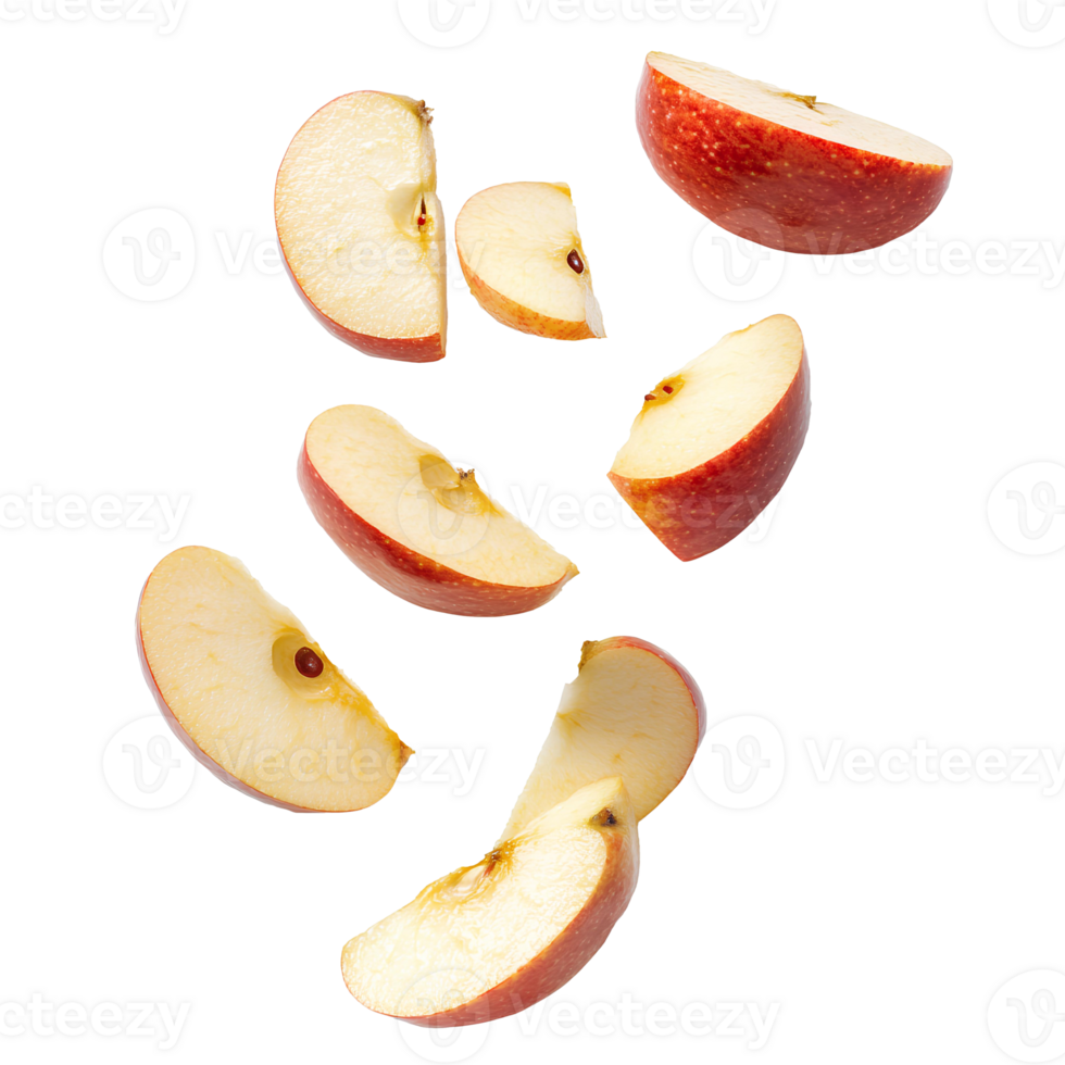 Apple pieces falling down set isolated showcasing vibrant red slices mid-air perfect for promoting organic food campaigns and healthy eating visuals png