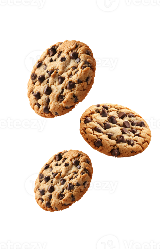Chocolate chip cookies with pieces of chocolate and dough falling gracefully highlighting their delicious texture and flavor ideal for food-related visuals and snack advertisements png