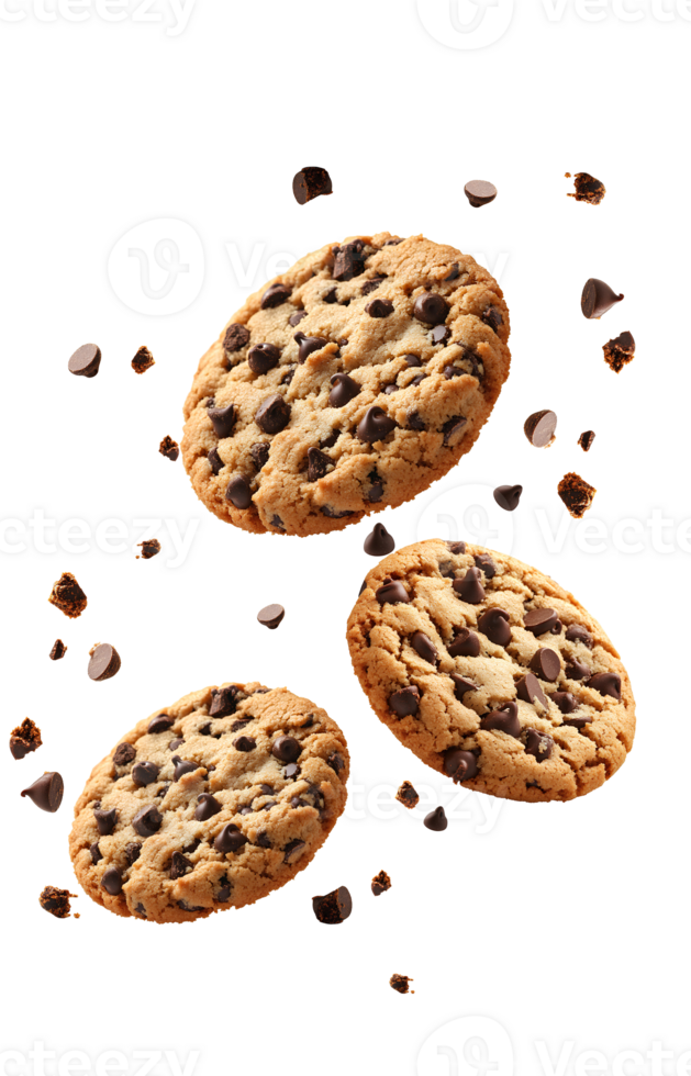 falling chocolate chip cookies . Chocolate chip cookie with chocolate and dough pieces falling down . Cookie pieces falling from the top for candy campaigns isolated. chocolate cookies flying png