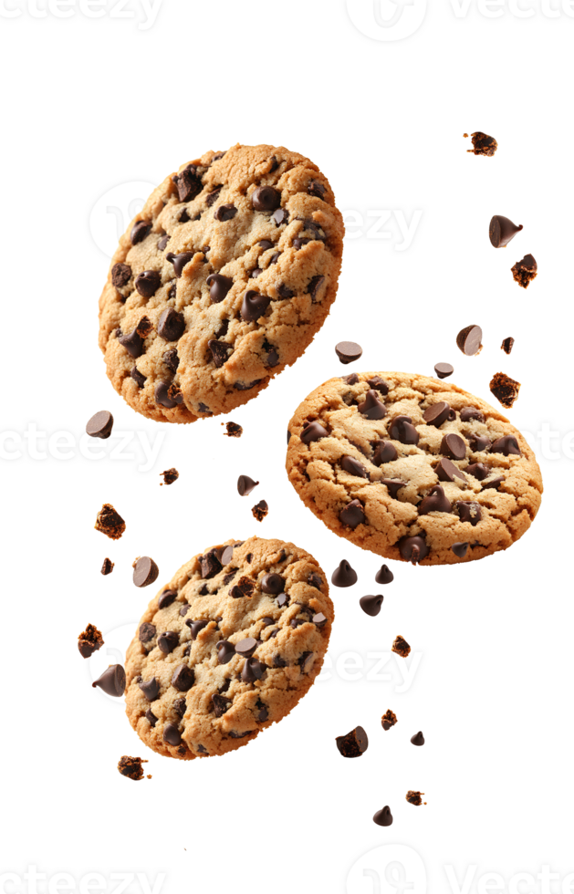 Falling chocolate chip cookies captured in mid-air featuring rich chocolate chunks and golden dough perfect for candy campaigns and visuals focused on sweet treats or dessert promotions png