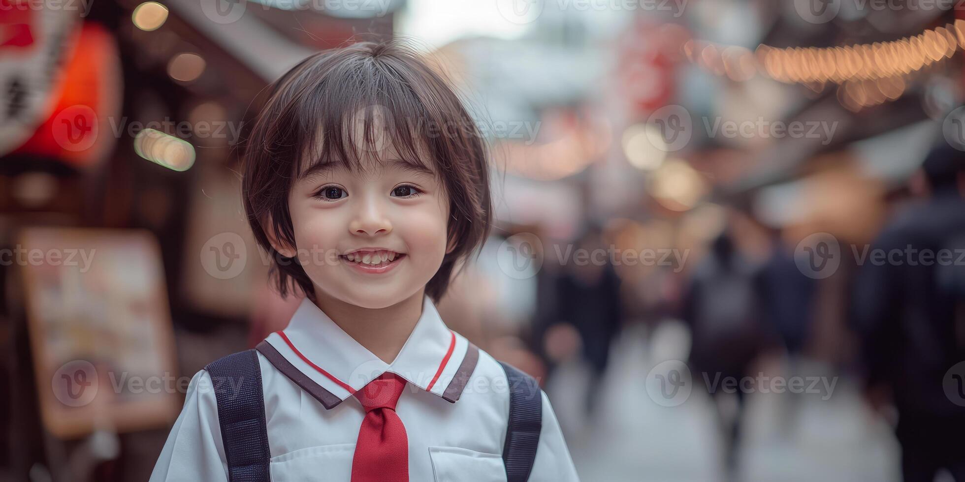 Girl with short hair, wearing a white school uniform and red tie, smiling at the camera photo