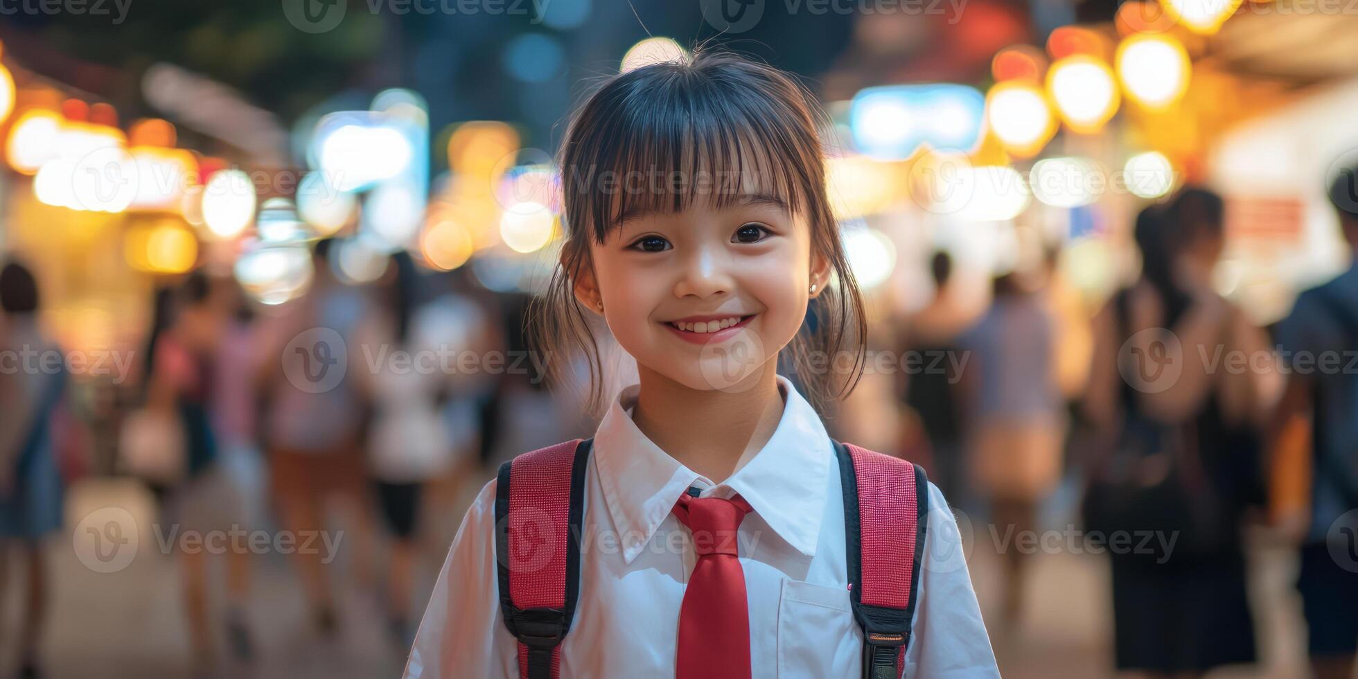 Cute girl with short hair, wearing a white school uniform and red tie, smiling at the camera photo