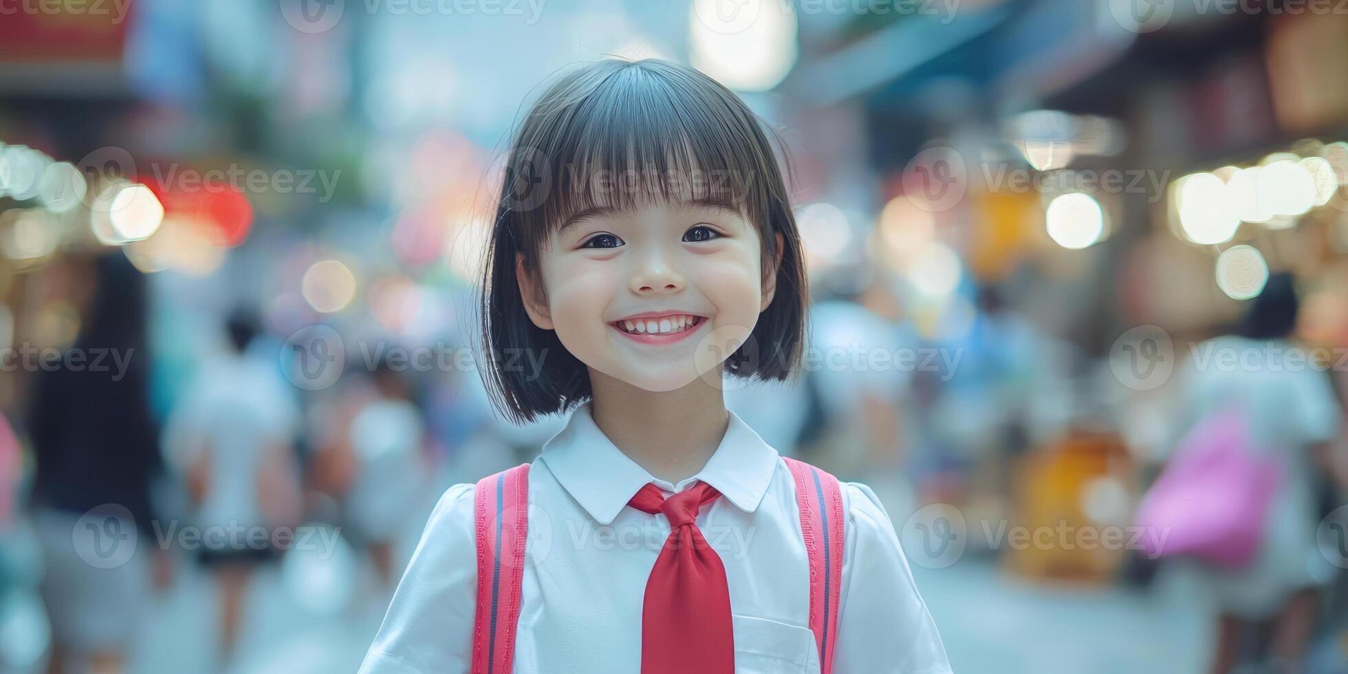 A girl with short hair, wearing a white school uniform and red tie, smiling at the camera photo
