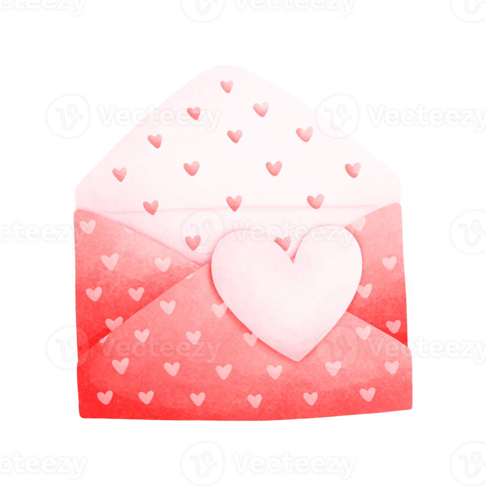 Watercolor painting of a red envelope. The inside of the envelope is light pink. There is a small heart pattern inside and a pink heart attached to the outside. It represents Valentine's Day. png