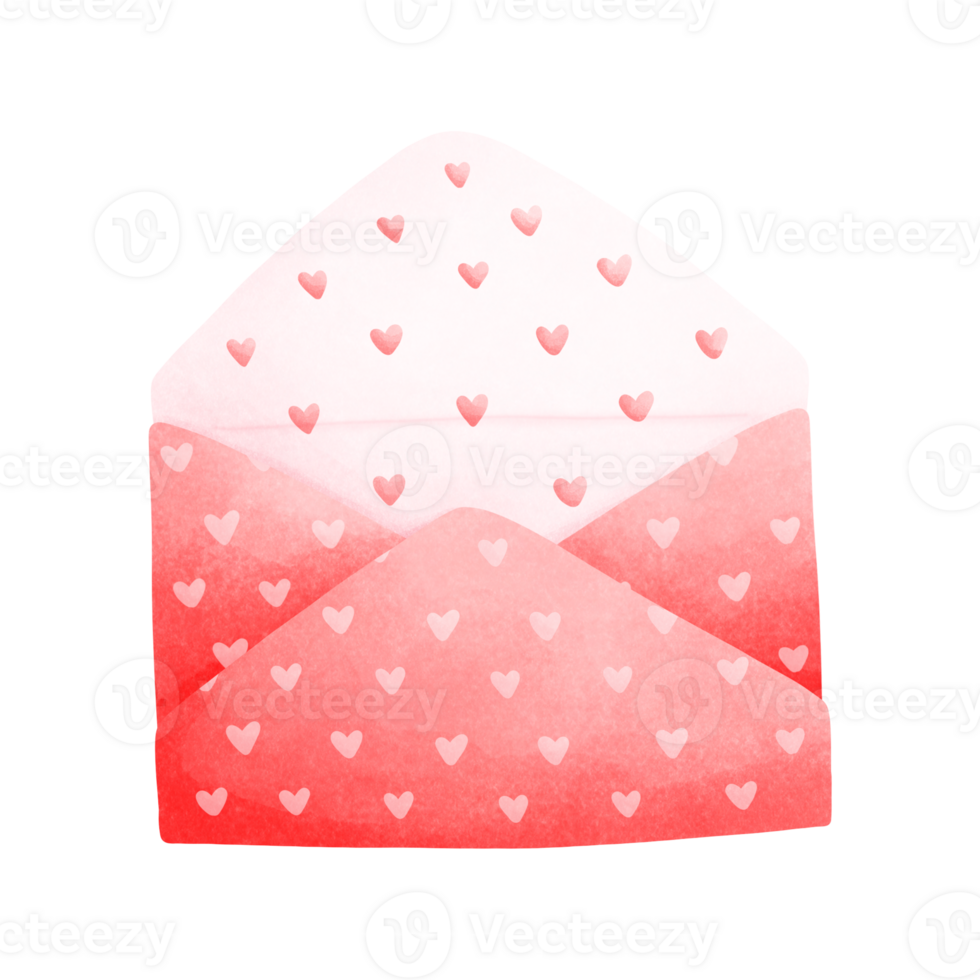 Watercolor painting of a red envelope. The inside of the envelope is light pink with a small heart pattern inside, representing Valentine's Day. png