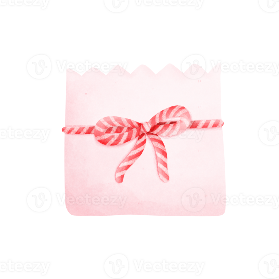 Watercolor painting of a white envelope tied with a red and white string as a bow, a vintage Valentine's Day envelope png