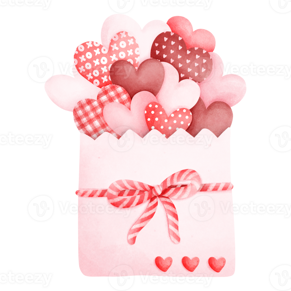 Watercolor painting of a white envelope tied with a red and white string as a bow and many red hearts overflowing from the envelope, Retro Valentine's Day envelope png