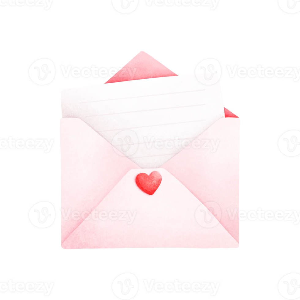 Watercolor painting of a white envelope with red interior, a red heart in the center and a piece of paper inside, a vintage Valentine's Day envelope png