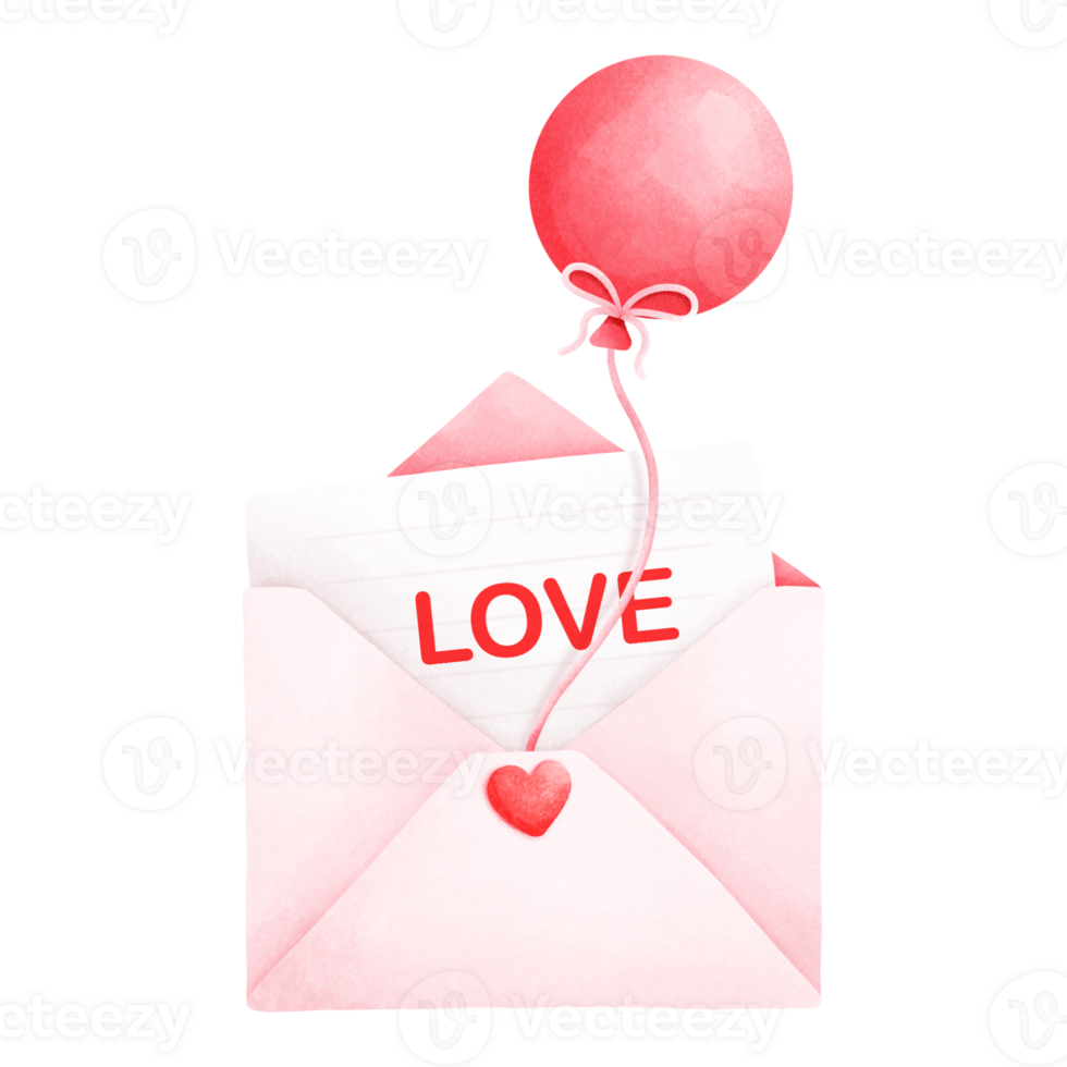 Watercolor painting of a white envelope with red interior, a red heart in the center and a piece of paper inside with the word love written on it, decorated with red balloons. png